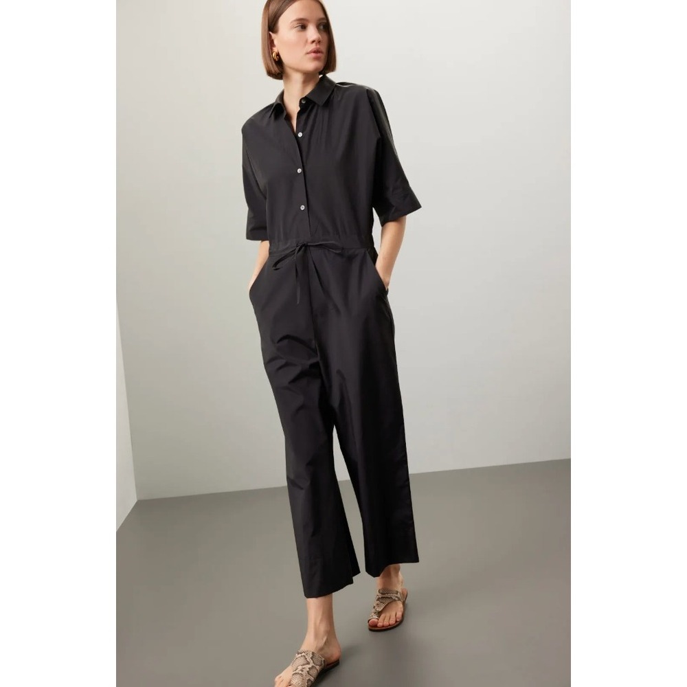 Natori Techno Poplin‎ Jumpsuit Black Short Sleeve Button Front Nylon Sz XS